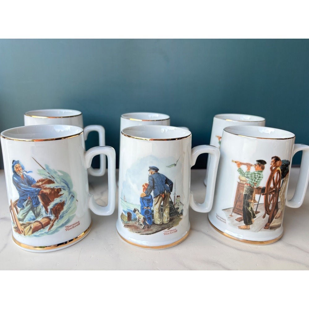 Vintage 1985 Norman Rockwell Seafarers Coffee Mug Set of 6 Nautical Tankard